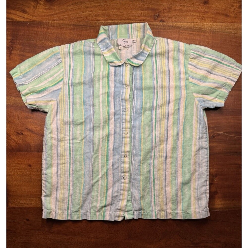 VTG Hot Cotton Marc Ware Pastel Stripe Snap Front Beach Coastal Shirt Sz Small